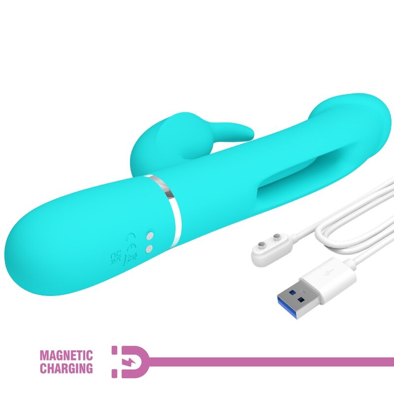 Close-up do Vibrador Coelho PRETTY LOVE Dejon, destacando seu design ergonômico, o estimulador coelho e a textura de silicone.