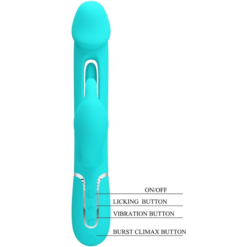 Close-up do Vibrador Coelho PRETTY LOVE Dejon, destacando seu design ergonômico, o estimulador coelho e a textura de silicone.