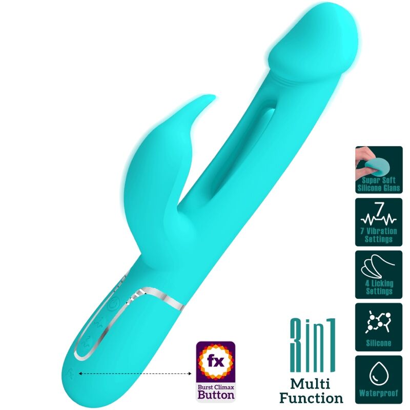 Close-up do Vibrador Coelho PRETTY LOVE Dejon, destacando seu design ergonômico, o estimulador coelho e a textura de silicone.