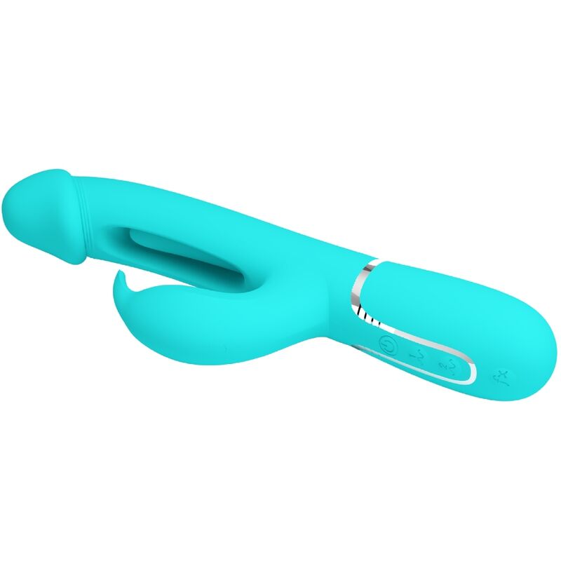 Close-up do Vibrador Coelho PRETTY LOVE Dejon, destacando seu design ergonômico, o estimulador coelho e a textura de silicone.