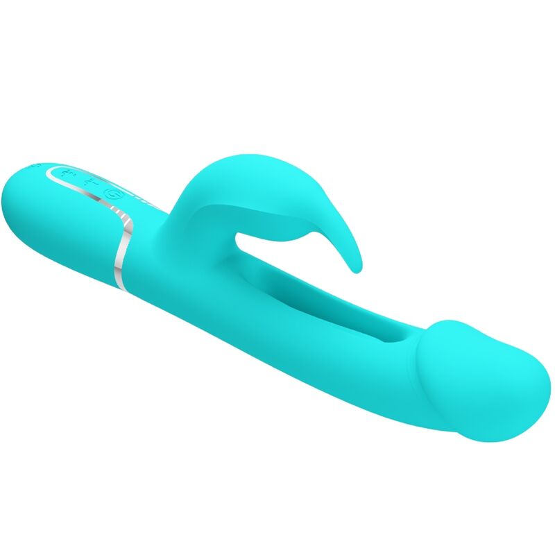 Close-up do Vibrador Coelho PRETTY LOVE Dejon, destacando seu design ergonômico, o estimulador coelho e a textura de silicone.