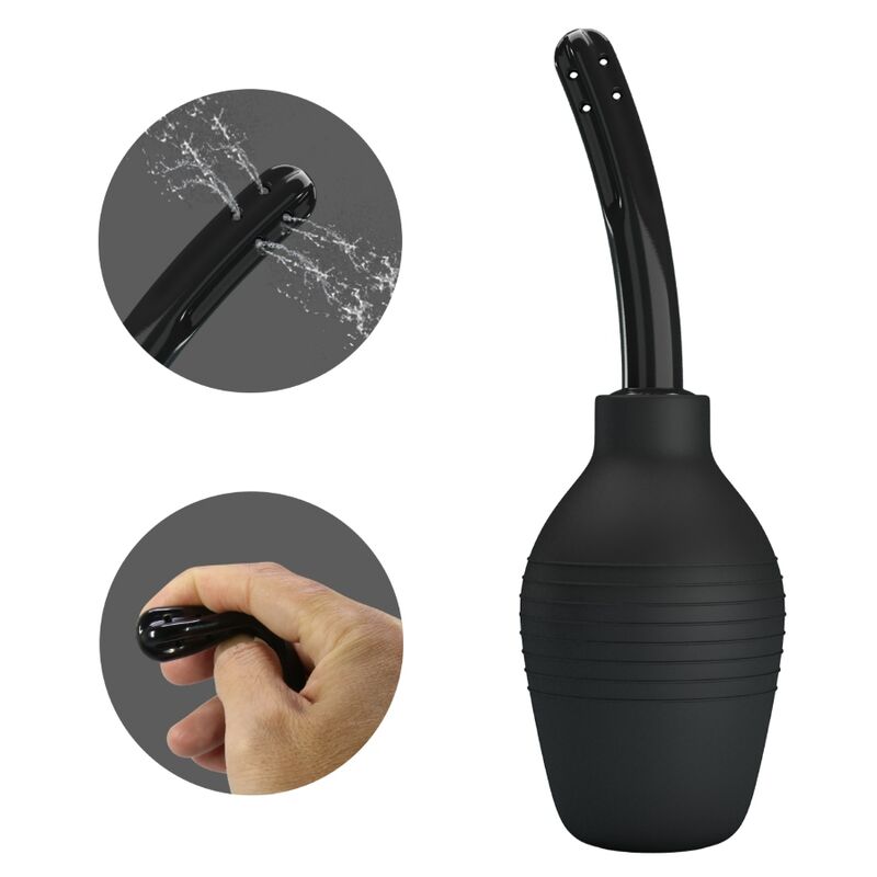 Ducha Anal MR PLAY Super Power Preta para higiene íntima, close-up do design ergonómico e material de borracha.