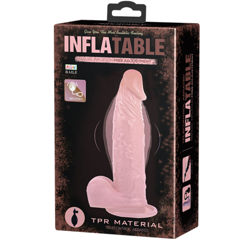 Dildo Inflável Realista DANÇA com Ventosa 15cm, mostrando sua textura e capacidade de inflar.