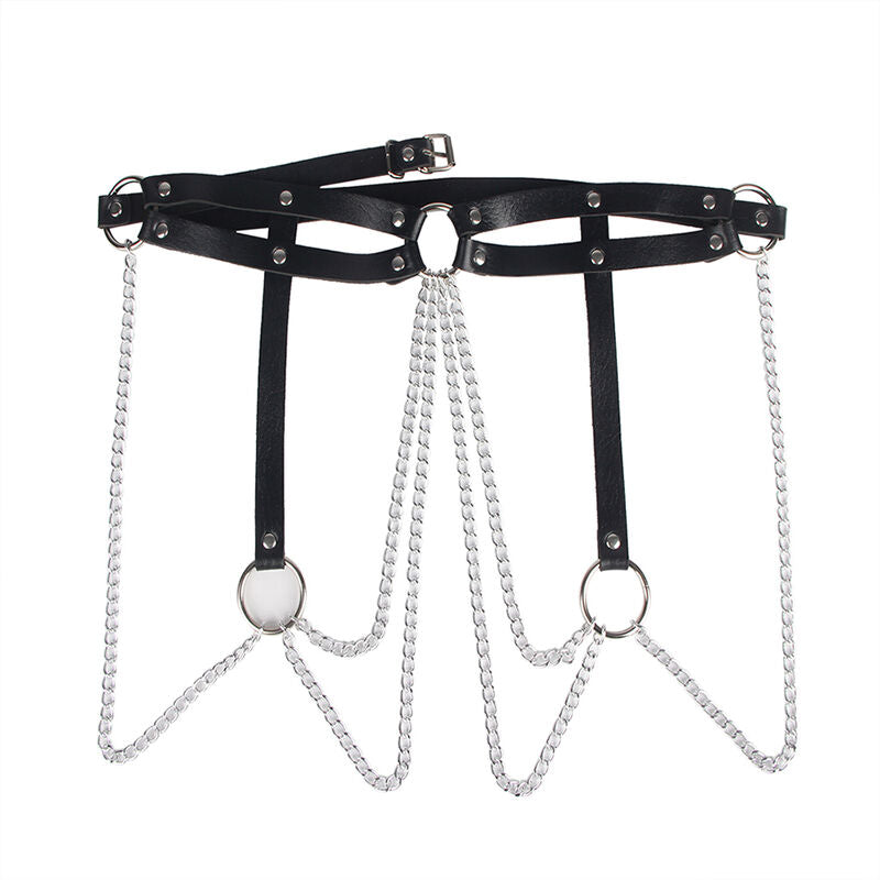 SUBBLIME Cinto com Corrente Anel de Couro Preto para Lingerie BDSM