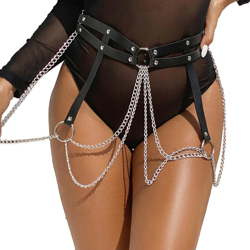 SUBBLIME Cinto com Corrente Anel de Couro Preto para Lingerie BDSM