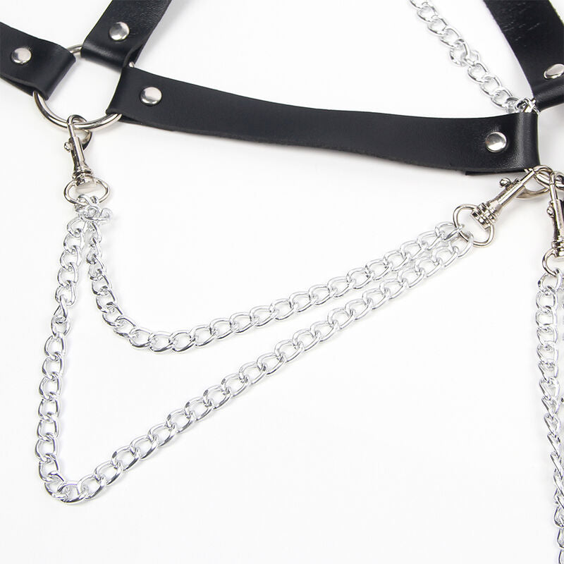 Sutiã Arnês SUBBLIME com correntes e detalhe estrela, em couro preto, tamanho único, mostrando o design elegante e sedutor.