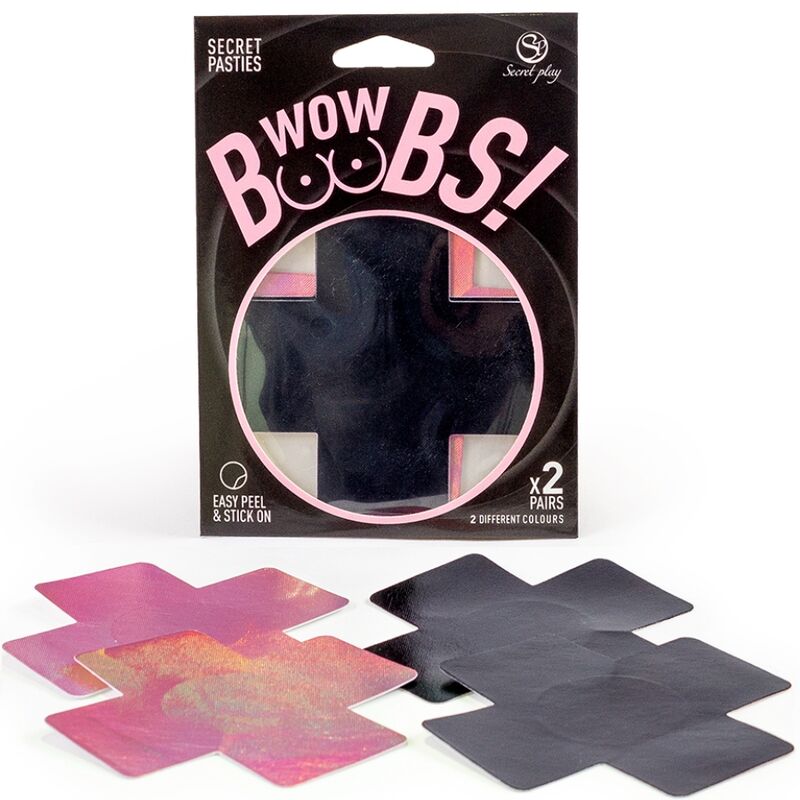 Close-up of SECRET PLAY Protetores de Mamilo Cruz Holográfica, 2 Pares, showing the black and pink designs.