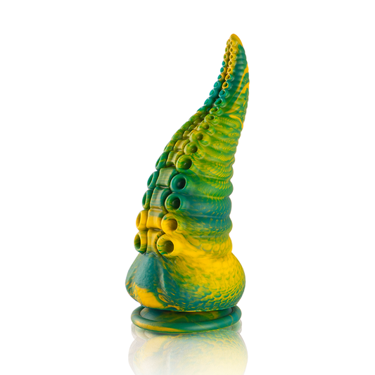 Close-up do Dildo Tentáculo Cetus Verde Pequeno da EPIC CYBERSILICOCK, mostrando suas texturas e design inspirado em tentáculos.