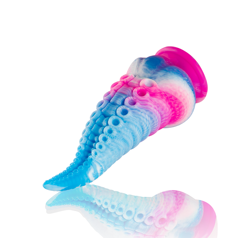 Close-up do EPIC Dildo de Tentáculo Phorcys Azul Pequeno, mostrando seu design mítico e textura de silicone.