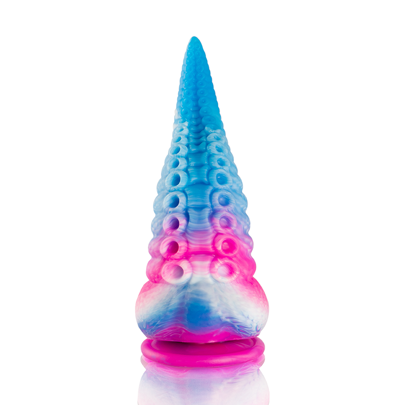 Close-up do EPIC Dildo de Tentáculo Phorcys Azul Pequeno, mostrando seu design mítico e textura de silicone.