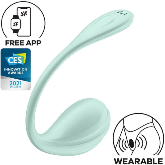 Close-up of the SATISFYER Estimulador G-Spot Smooth Petal Verde App Control, highlighting its flexible design and texture.