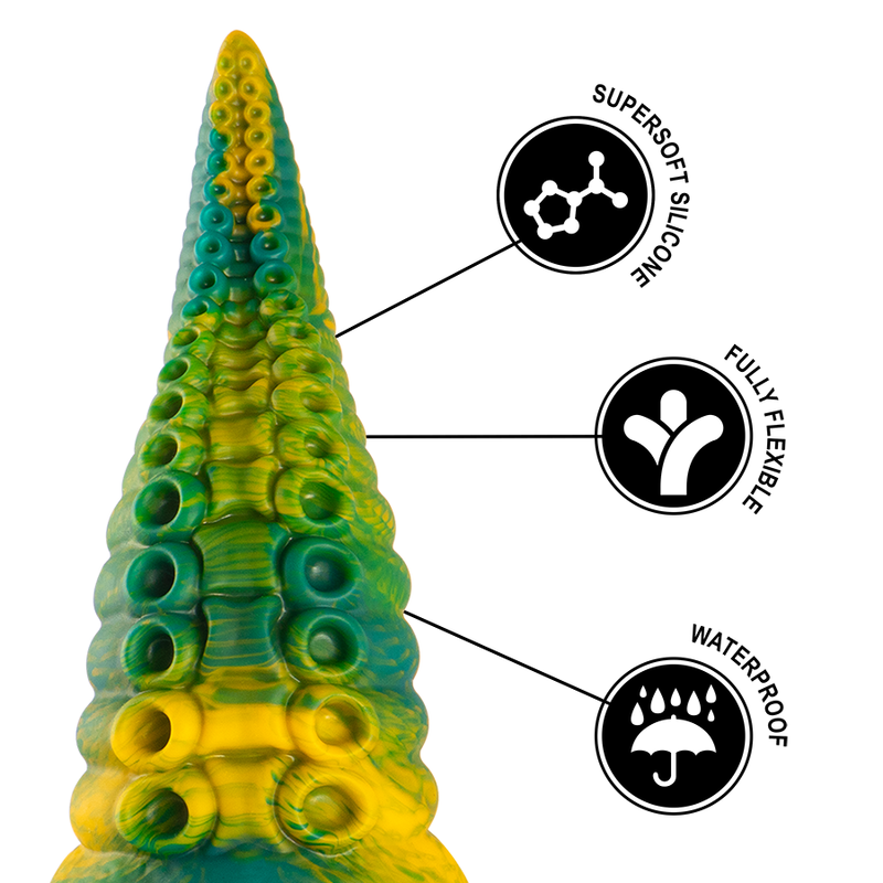 Close-up do Dildo Tentáculo Cetus Verde Pequeno da EPIC CYBERSILICOCK, mostrando suas texturas e design inspirado em tentáculos.