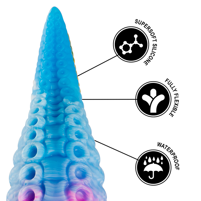 Close-up do EPIC Dildo de Tentáculo Phorcys Azul Pequeno, mostrando seu design mítico e textura de silicone.