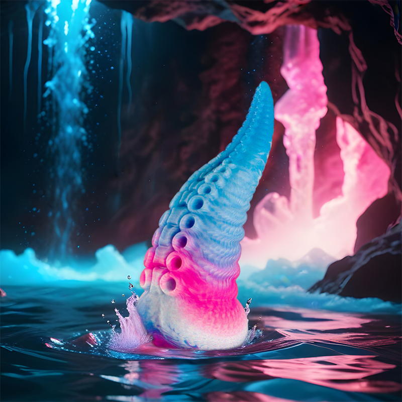 Close-up do EPIC Dildo de Tentáculo Phorcys Azul Pequeno, mostrando seu design mítico e textura de silicone.