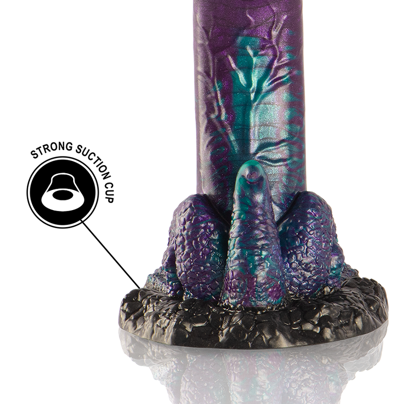Close-up do EPIC CYBERSILICOCK Dildo Duplo Basilisk Escamoso, mostrando sua textura única e design inspirado na mitologia.