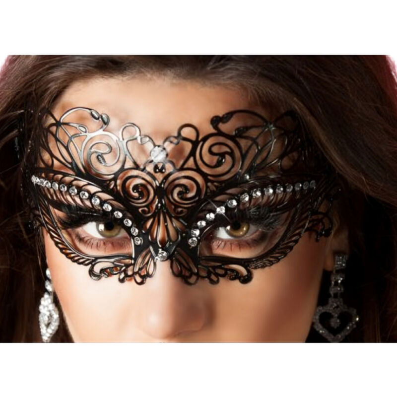 Máscara preta CHILIROSE com cristais e fitas de cetim, para um look misterioso e elegante.