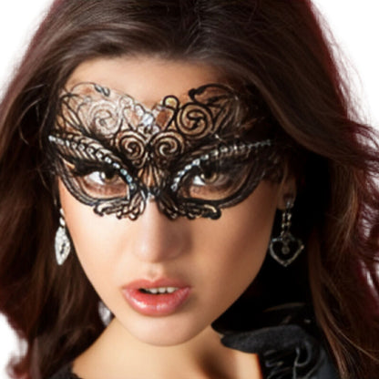 Máscara preta CHILIROSE com cristais e fitas de cetim, para um look misterioso e elegante.
