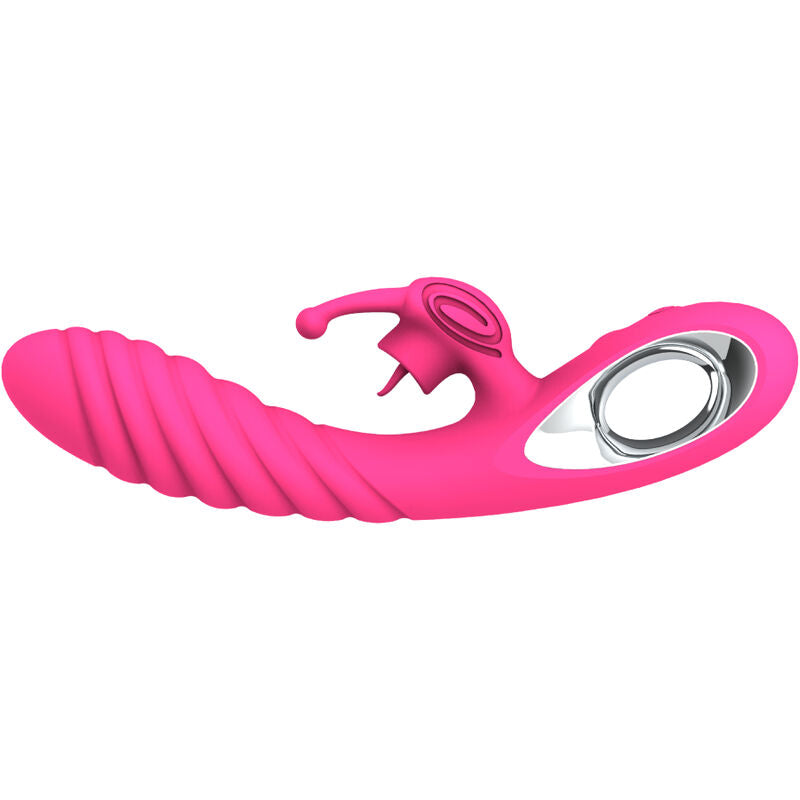 Armony Vibrador Vicky com Língua Estimuladora Fúcsia em silicone, à prova de água, vista detalhada.
