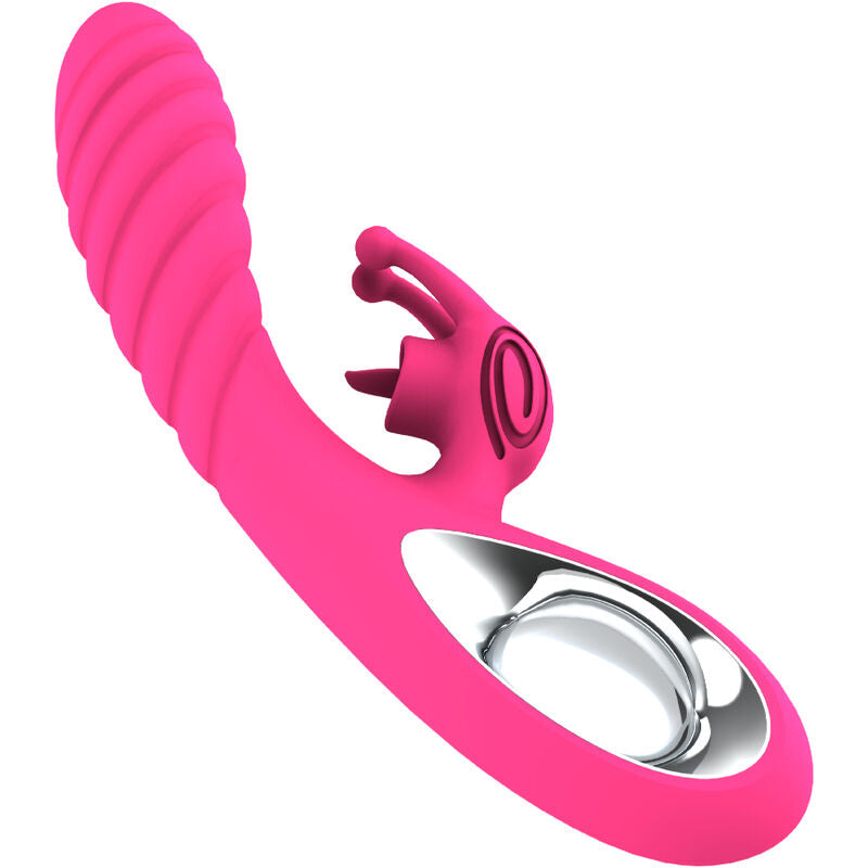 Armony Vibrador Vicky com Língua Estimuladora Fúcsia em silicone, à prova de água, vista detalhada.