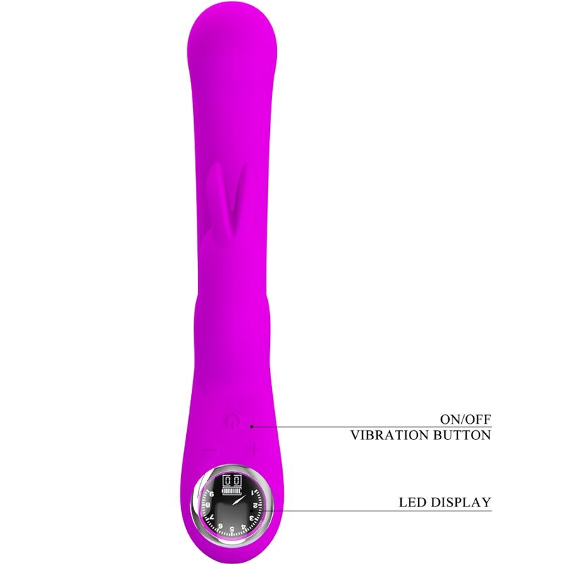 Close-up do Vibrador Rabbit PRETTY LOVE Skylar Roxo, mostrando seu design ergonómico e textura de silicone macio.