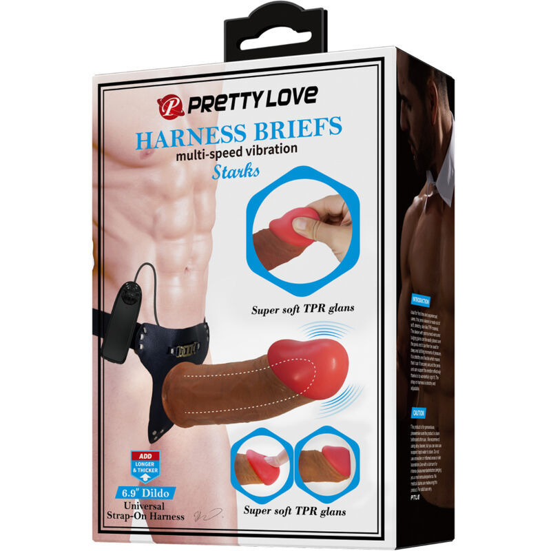 Close-up do arnês dildo vibratório PRETTY LOVE Starks 17,5cm, mostrando o design realista e o controlo remoto.
