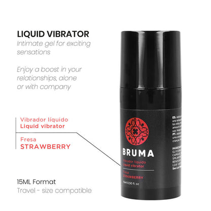 Vibrador líquido BRUMA sabor morango 15ml, embalagem e textura.