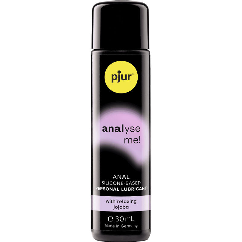 Embalagem do PJUR Gel Relaxante Anal Analyze Me Silicone 30 ML, detalhe do frasco e logótipo.