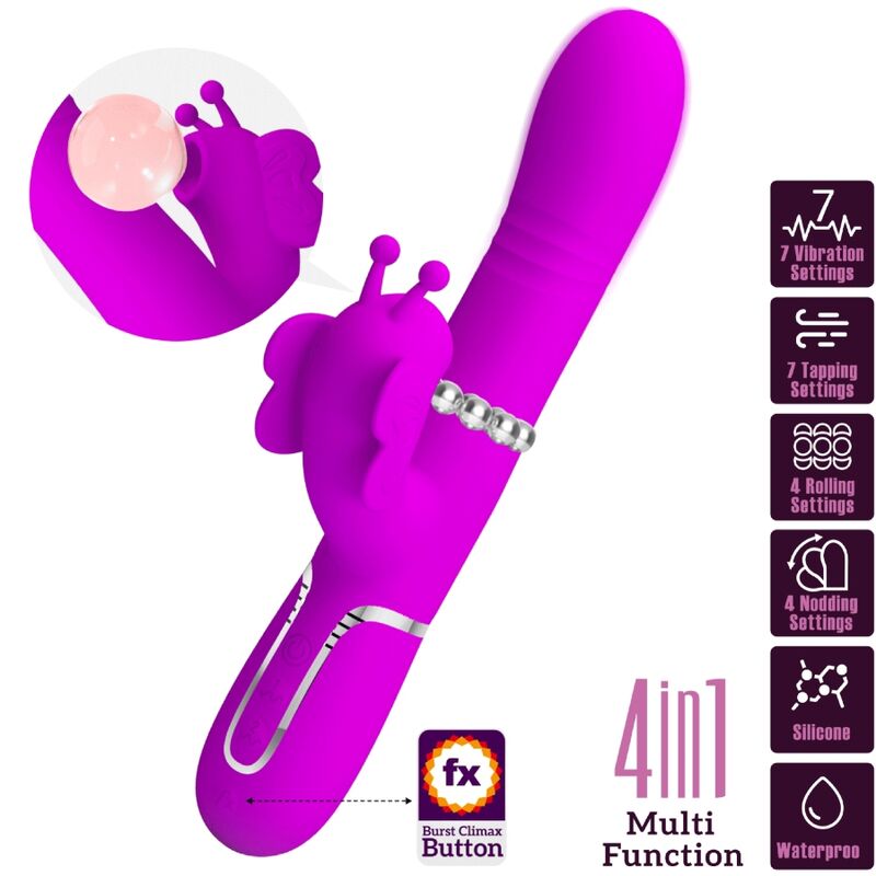PRETTY LOVE Vibrador Coelho Multifunções 4 em 1 Fúcsia com estimulador de Ponto G e Clítoris.