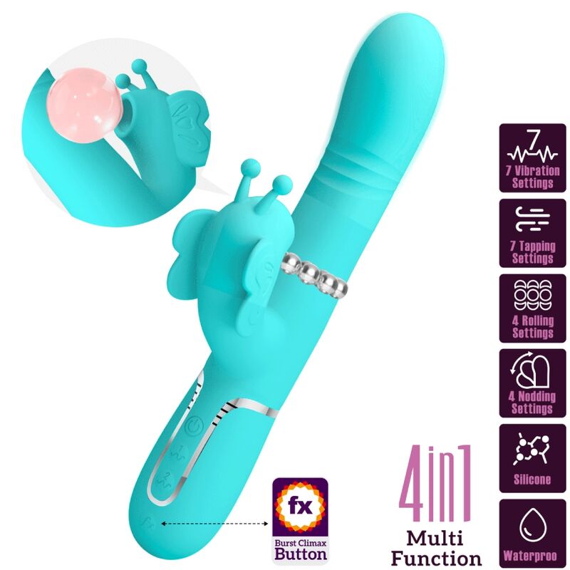 Vibrador Coelho Multifunções 4 em 1 Butterfly Aqua Verde PRETTY LOVE para estimulação dupla e prazer intenso.