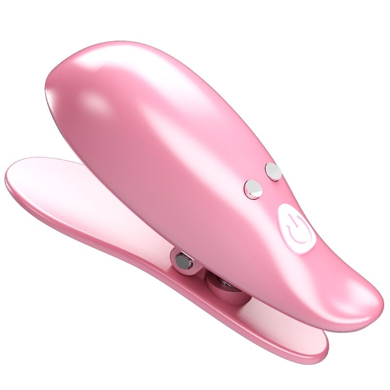 Pinças vibratórias Pretty Love Leaf para mamilos, em rosa, com detalhes do design e funcionalidade.