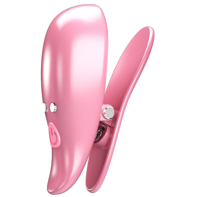 Pinças vibratórias Pretty Love Leaf para mamilos, em rosa, com detalhes do design e funcionalidade.