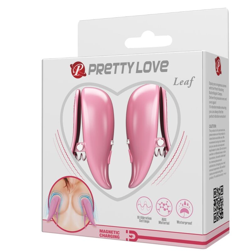 Pinças vibratórias Pretty Love Leaf para mamilos, em rosa, com detalhes do design e funcionalidade.