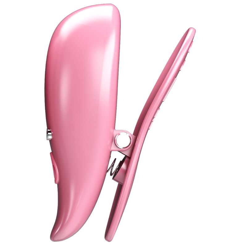 Pinças vibratórias Pretty Love Leaf para mamilos, em rosa, com detalhes do design e funcionalidade.