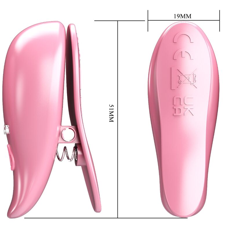 Pinças vibratórias Pretty Love Leaf para mamilos, em rosa, com detalhes do design e funcionalidade.