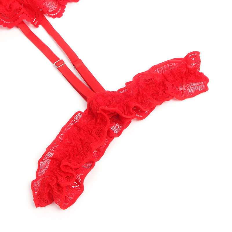 SUBBLIME Teddy com Liga e Renda Vermelha com Tiras, detalhe do tecido e design.