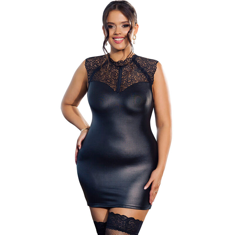 Detalhe do Vestido Lingerie SUBBLIME em renda preta e couro, exibindo o design sofisticado e a textura dos materiais.