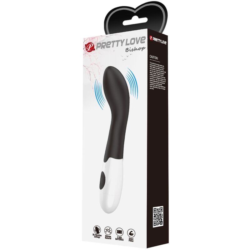 Close-up do Vibrador G-Spot PRETTY LOVE Bishop com 30 modos, mostrando o seu design curvo e material preto em silicone.