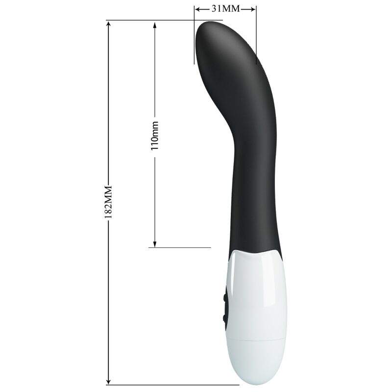 Close-up do Vibrador G-Spot PRETTY LOVE Bishop com 30 modos, mostrando o seu design curvo e material preto em silicone.