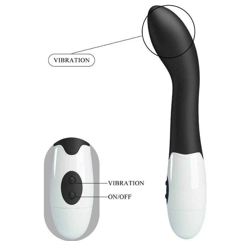 Close-up do Vibrador G-Spot PRETTY LOVE Bishop com 30 modos, mostrando o seu design curvo e material preto em silicone.