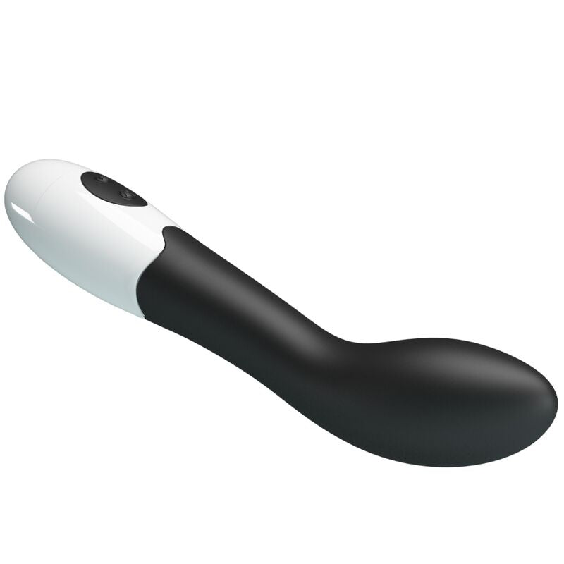 Close-up do Vibrador G-Spot PRETTY LOVE Bishop com 30 modos, mostrando o seu design curvo e material preto em silicone.