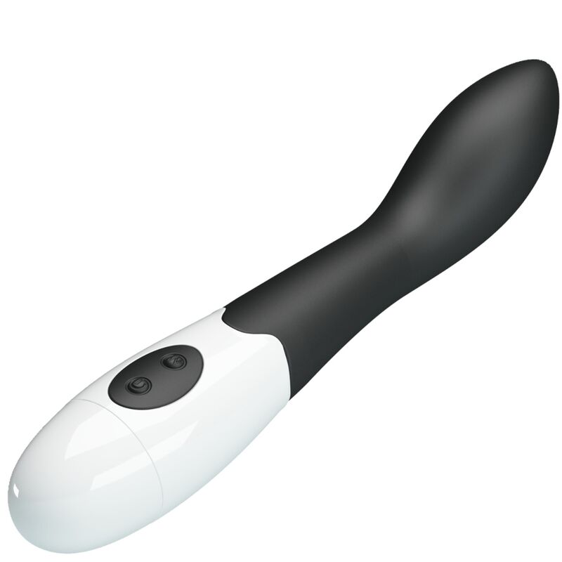 Close-up do Vibrador G-Spot PRETTY LOVE Bishop com 30 modos, mostrando o seu design curvo e material preto em silicone.