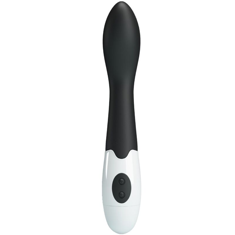 Close-up do Vibrador G-Spot PRETTY LOVE Bishop com 30 modos, mostrando o seu design curvo e material preto em silicone.