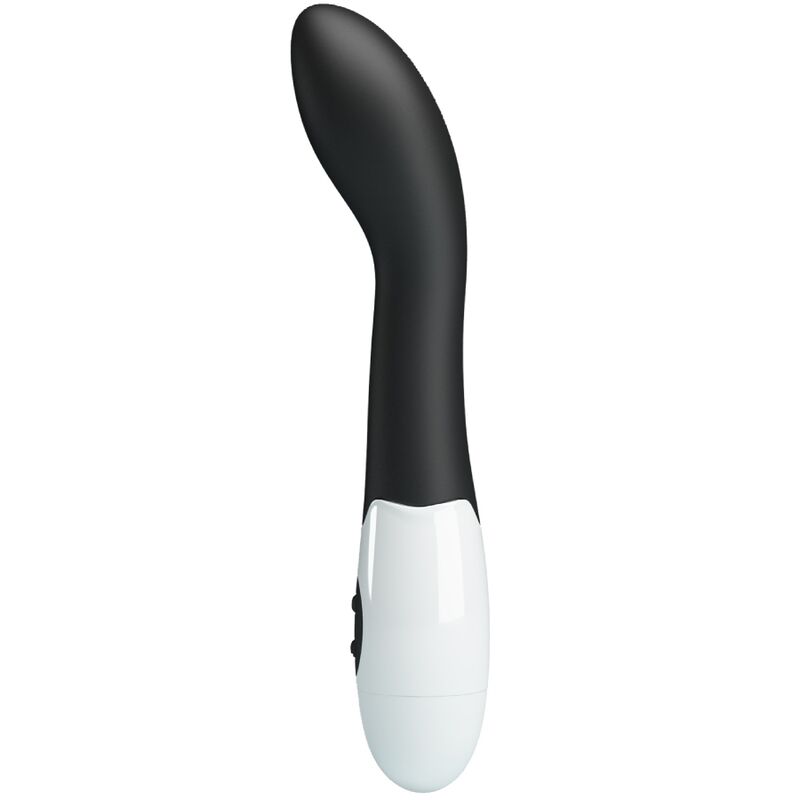 Close-up do Vibrador G-Spot PRETTY LOVE Bishop com 30 modos, mostrando o seu design curvo e material preto em silicone.