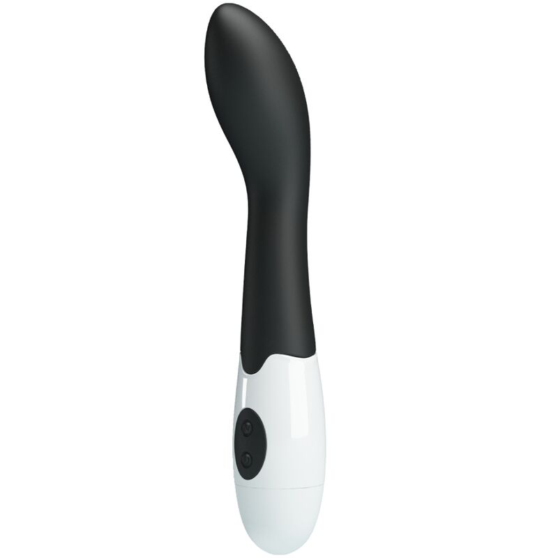 Close-up do Vibrador G-Spot PRETTY LOVE Bishop com 30 modos, mostrando o seu design curvo e material preto em silicone.