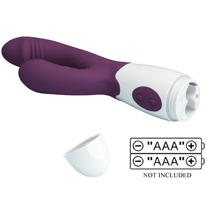 Close-up of the PRETTY LOVE Andre Vibrador Coelho e Estimulador Ponto G Roxo, showing its ergonomic shape and silicone texture.