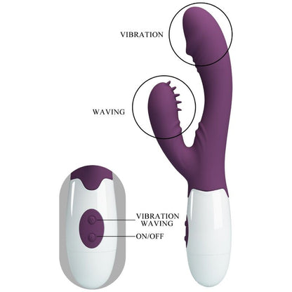 Close-up of the PRETTY LOVE Andre Vibrador Coelho e Estimulador Ponto G Roxo, showing its ergonomic shape and silicone texture.
