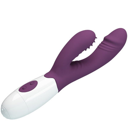 Close-up of the PRETTY LOVE Andre Vibrador Coelho e Estimulador Ponto G Roxo, showing its ergonomic shape and silicone texture.