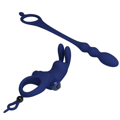 PRETTY LOVE Anel Vibrador Coelho com Plug Anal Azul em silicone e ABS, mostrando o design 2 em 1.