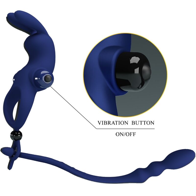 PRETTY LOVE Anel Vibrador Coelho com Plug Anal Azul em silicone e ABS, mostrando o design 2 em 1.