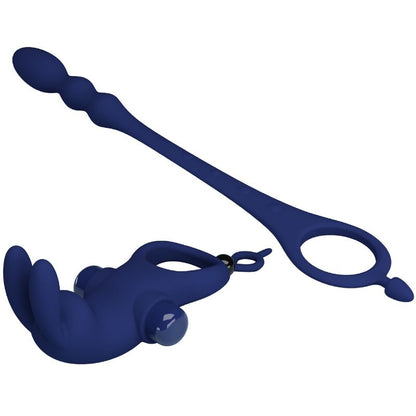 PRETTY LOVE Anel Vibrador Coelho com Plug Anal Azul em silicone e ABS, mostrando o design 2 em 1.